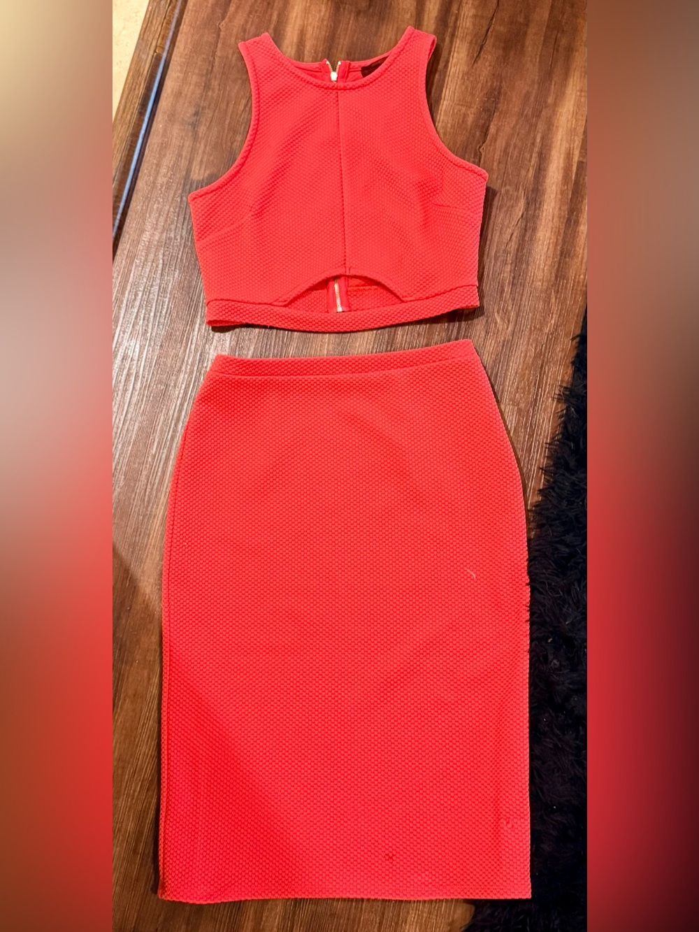 Red Two-Piece Cropped Top and Pencil Skirt Set